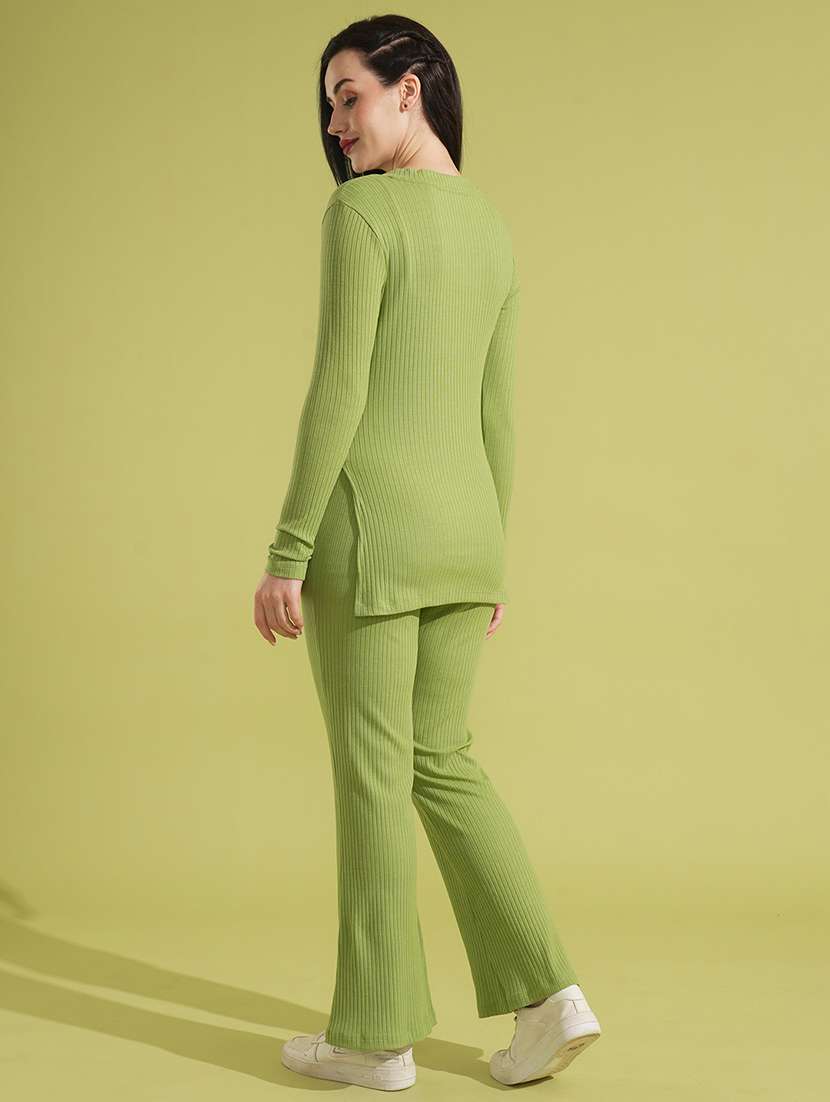 globus women green v-neck ribbed long sleeves side slit top & fully elasticated ankle length trouser co-ord set - 21531890 - Standard Image - 1