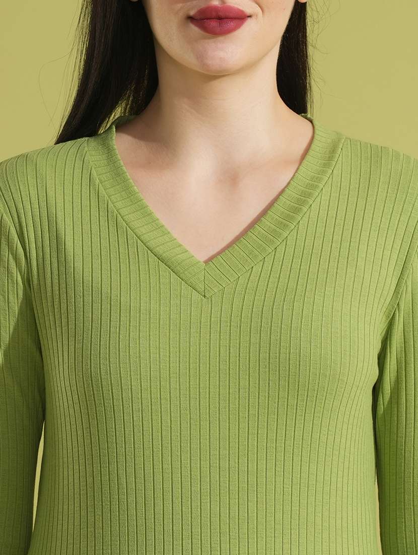 globus women green v-neck ribbed long sleeves side slit top & fully elasticated ankle length trouser co-ord set - 21531890 - Standard Image - 4