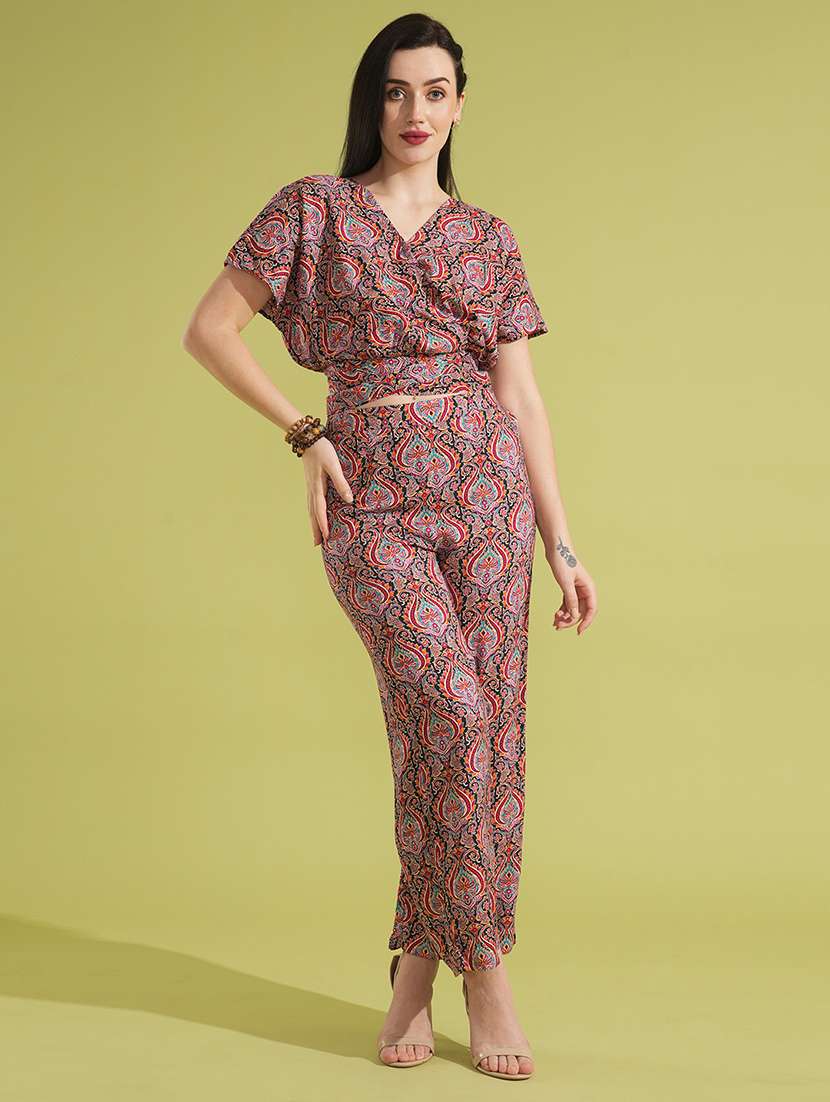 globus women multi-colour ethnic print wrap v-neck batwing sleeves back tie-up crop top & trouser co-ord set - 21531893 -  Standard Image - 1