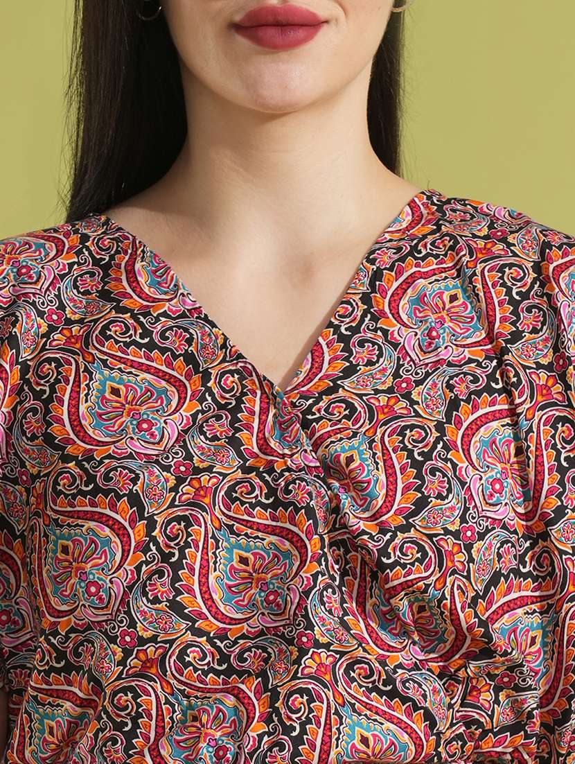 globus women multi-colour ethnic print wrap v-neck batwing sleeves back tie-up crop top & trouser co-ord set - 21531893 -  Standard Image - 4