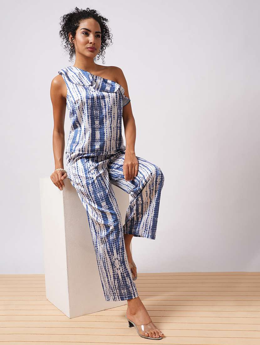 globus women multi-colour abstract  print one shoulder ruffle top & partially elasticated ankle length trouser co-ord set