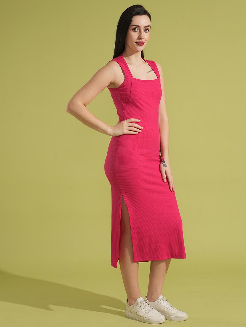 globus women pink square neck ribbed bodycon side slit midi party dress - 21531900 - Standard Image - 1