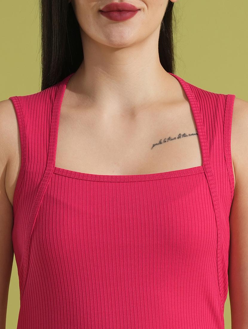 globus women pink square neck ribbed bodycon side slit midi party dress - 21531900 - Standard Image - 4