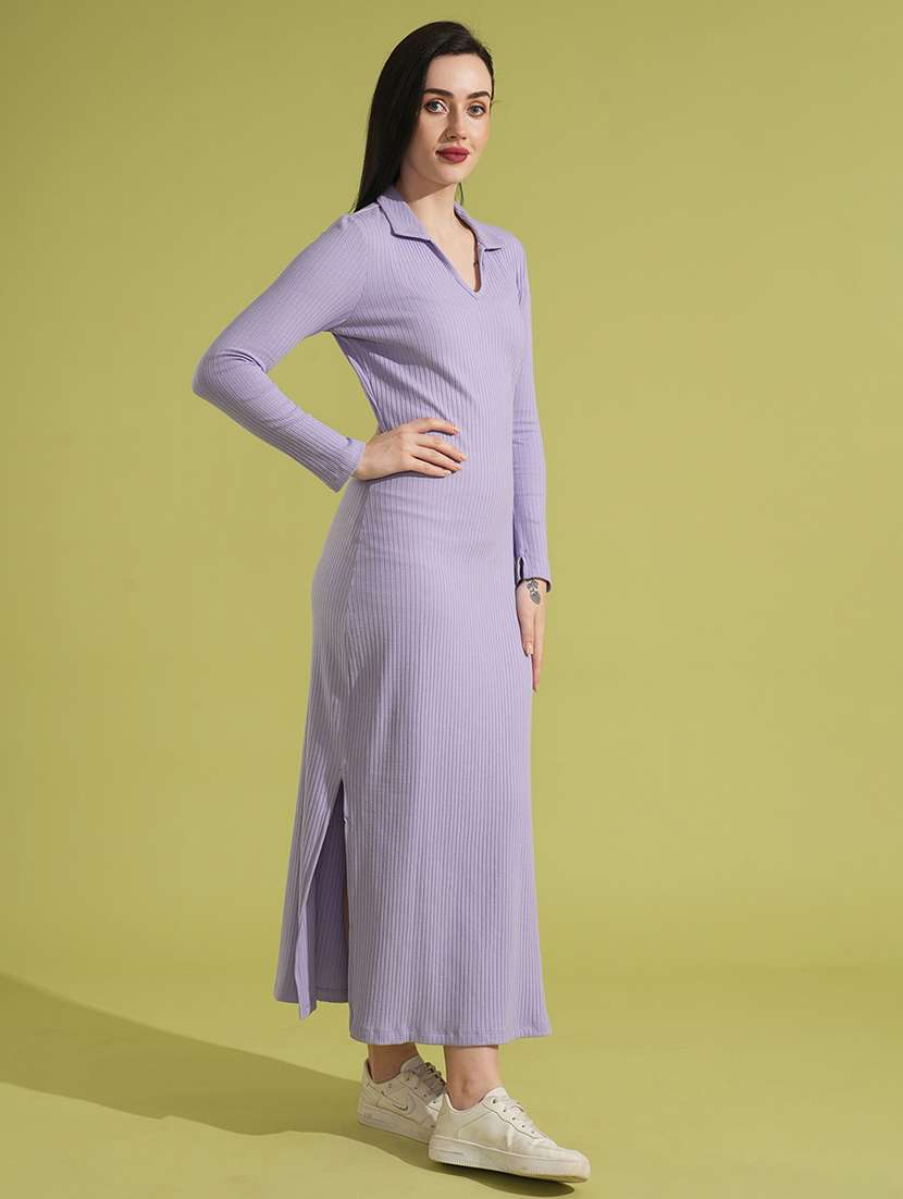 globus women lavender full sleeves collared neck ribbed bodycon side slit maxi dress