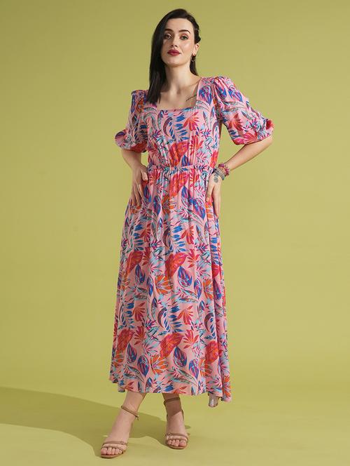 globus women pink tropical print square neck puff sleeves fit & flare maxi dress - 21531903 -  Standard Image - 0