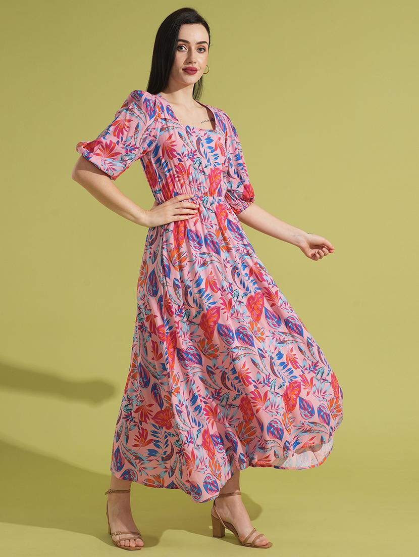 globus women pink tropical print square neck puff sleeves fit & flare maxi dress - 21531903 -  Standard Image - 1