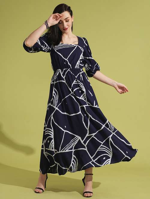 globus women blue abstract print square neck puff sleeves fit & flare maxi dress - 21531904 - Standard Image - 0