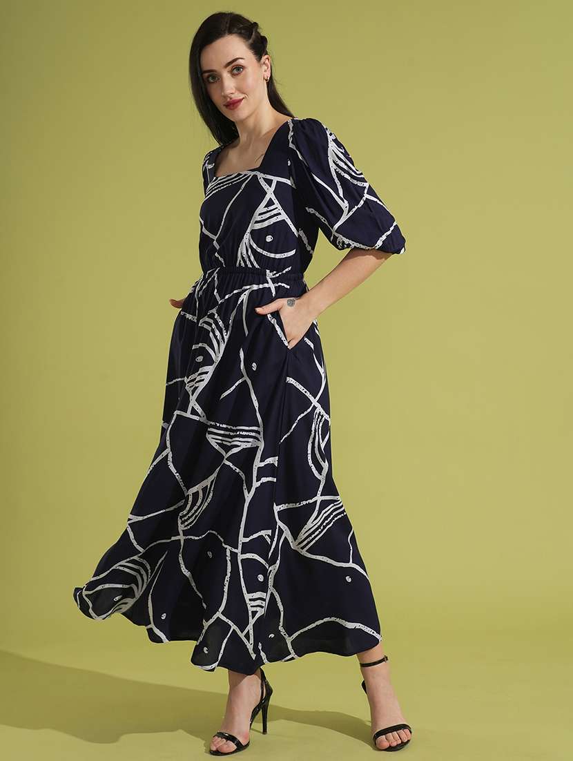 globus women blue abstract print square neck puff sleeves fit & flare maxi dress - 21531904 - Standard Image - 1