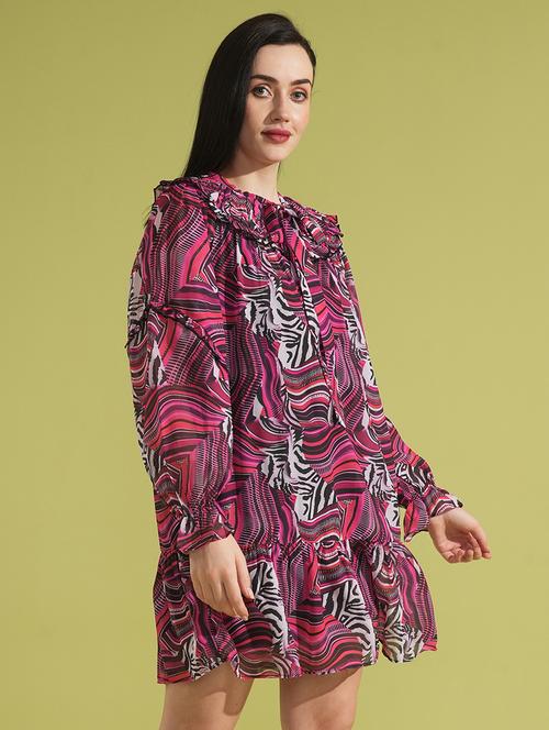 globus women multi colour abstract print tie-up neck bishop sleeves tiered a-line mini party dress - 21531906 -  Standard Image - 0