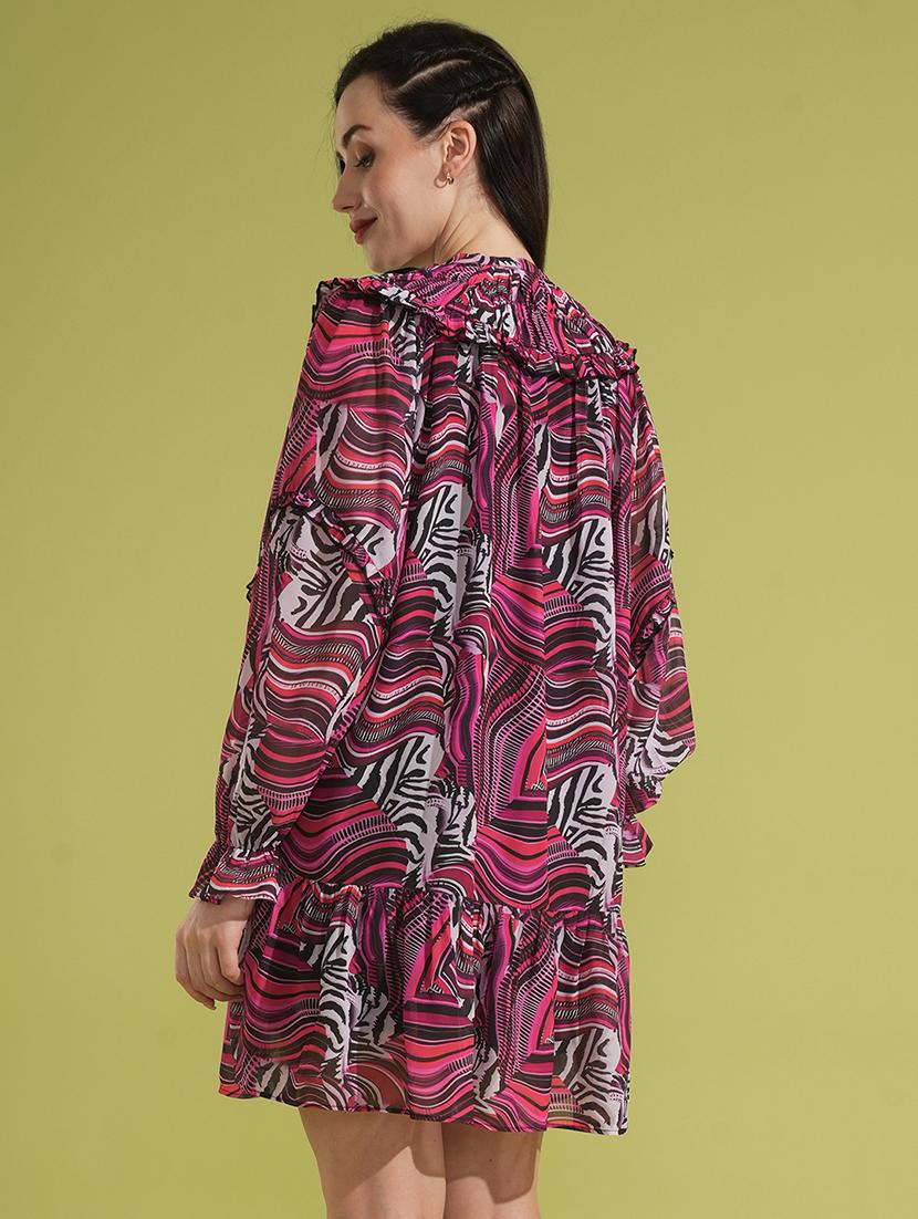 globus women multi colour abstract print tie-up neck bishop sleeves tiered a-line mini party dress - 21531906 -  Standard Image - 1