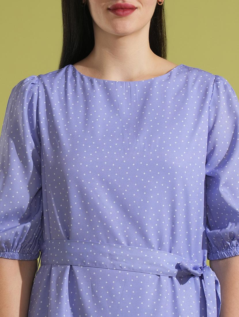 globus women lavender allover polka dot puff sleeves waist tie-up a-line mini dress - 21531907 - Standard Image - 4