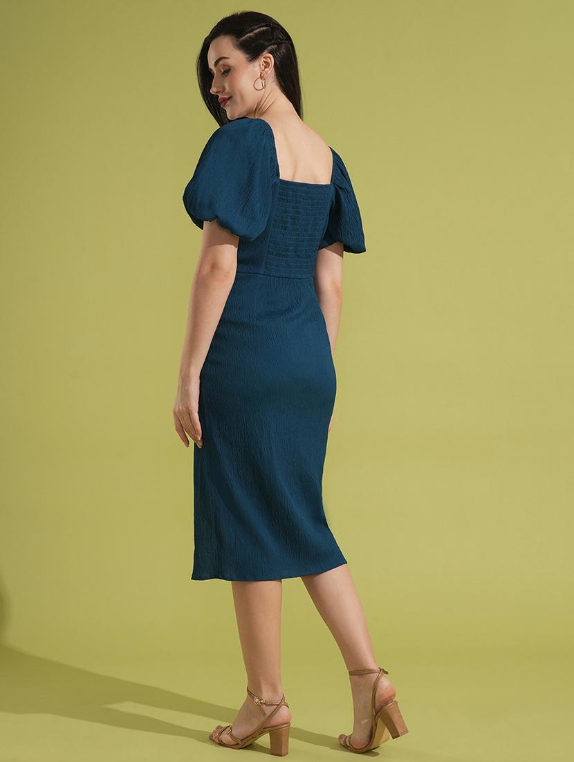 globus women teal square neck puff sleeves ruched & smocked midi bodycon party dress - 21531908 - Standard Image - 1