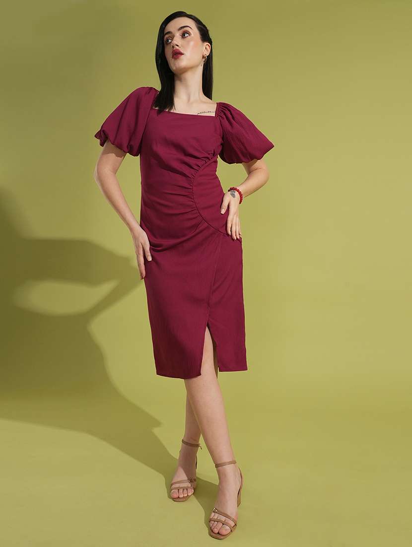 globus women rose square neck puff sleeves ruched & smocked midi bodycon party dress