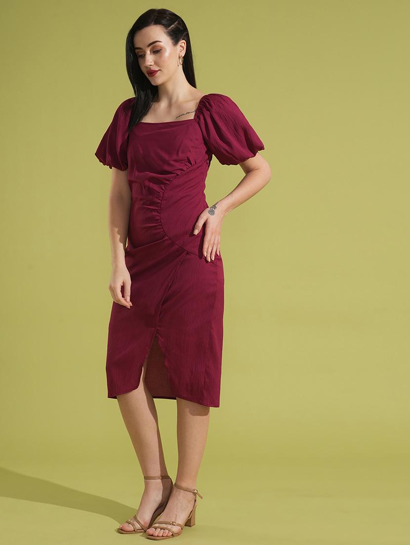 globus women rose square neck puff sleeves ruched & smocked midi bodycon party dress - 21531909 - Standard Image - 1