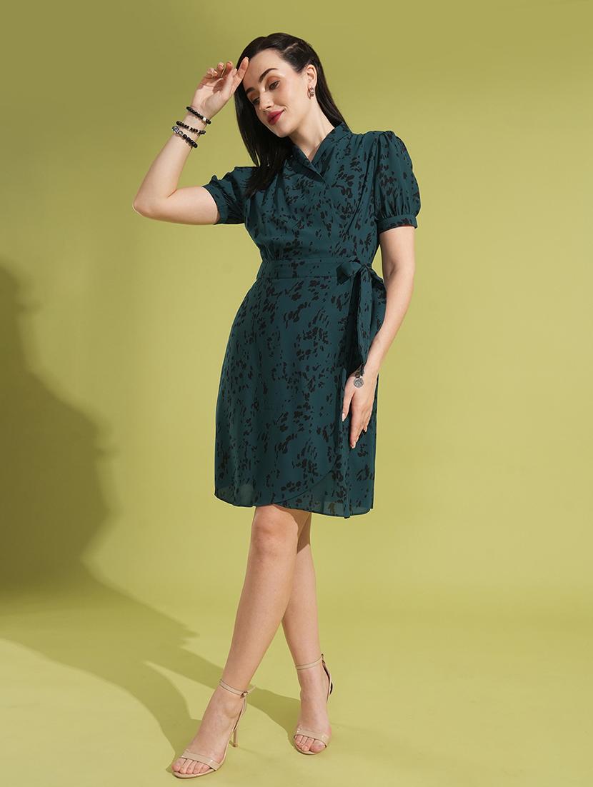 globus women green animal printed puff sleeves collared wrap waist tie-up workwear dress - 21531910 -  Zoom Image - 0