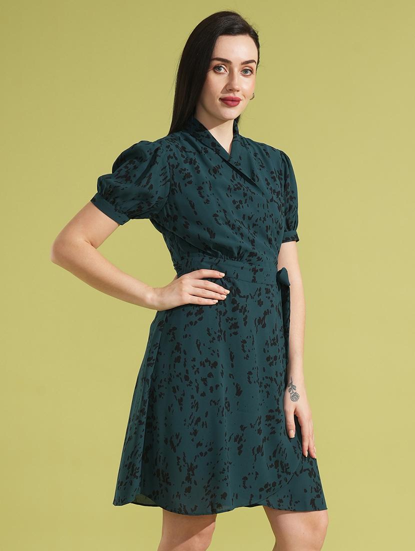 globus women green animal printed puff sleeves collared wrap waist tie-up workwear dress - 21531910 -  Standard Image - 1