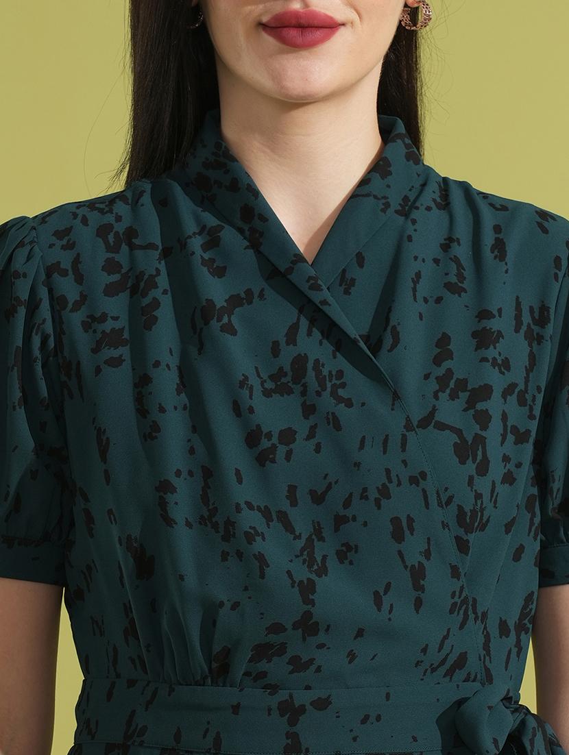 globus women green animal printed puff sleeves collared wrap waist tie-up workwear dress - 21531910 - Standard Image - 4