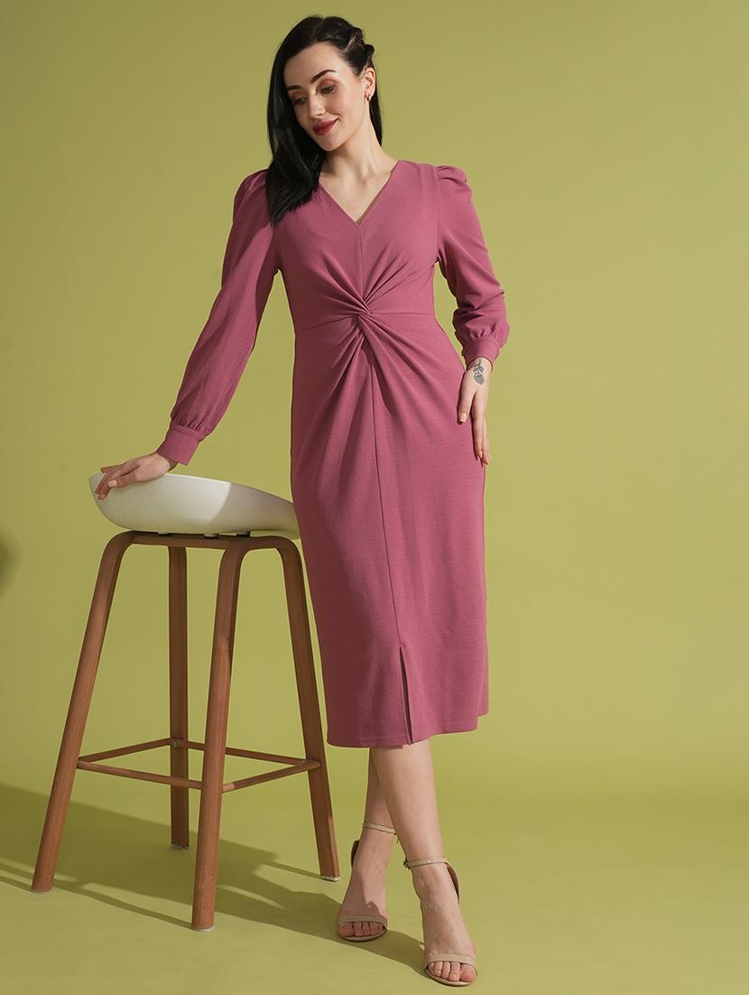 globus women pink v-neck cuffed sleeves twisted detail midi bodycon party dress - 21531915 -  Zoom Image - 0
