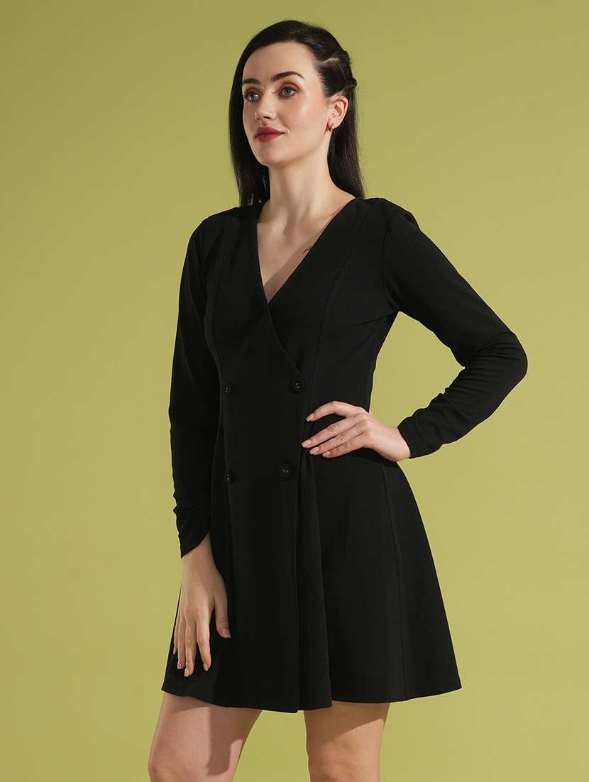 globus women black ruched sleeves v-neck hong button flared  mini wrap party dress - 21531916 -  Standard Image - 1