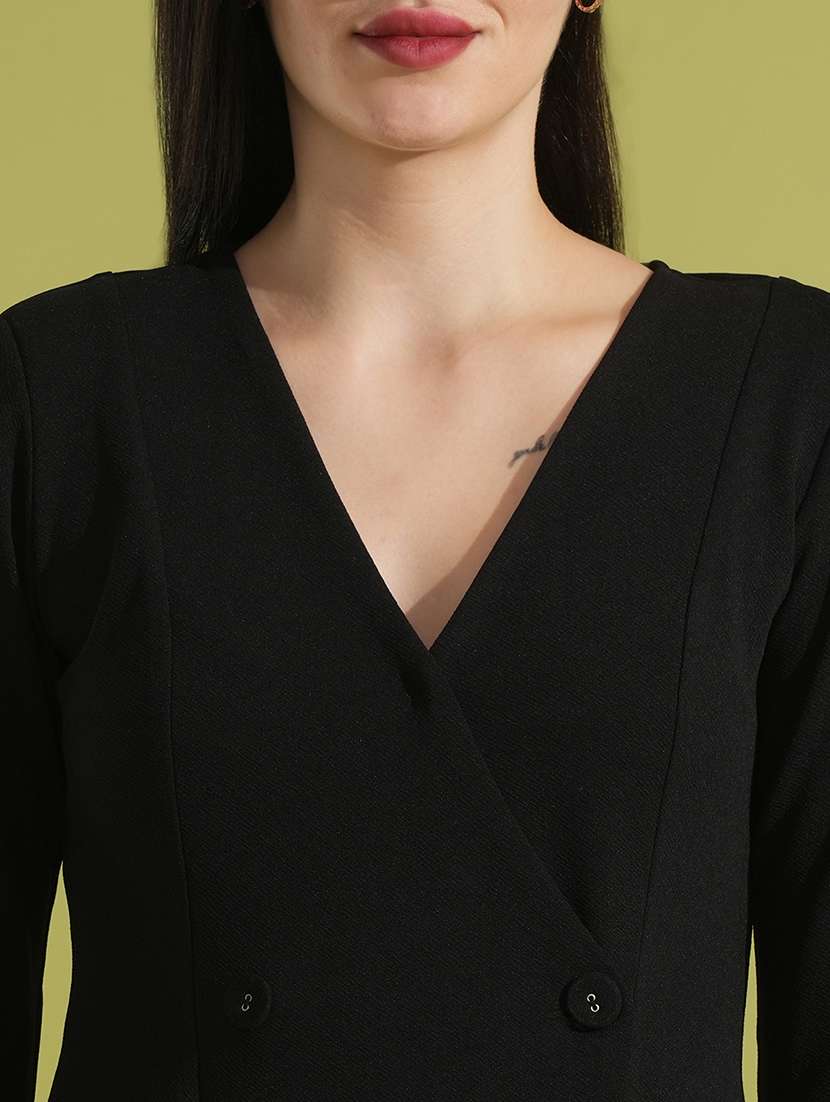 globus women black ruched sleeves v-neck hong button flared  mini wrap party dress - 21531916 -  Standard Image - 4