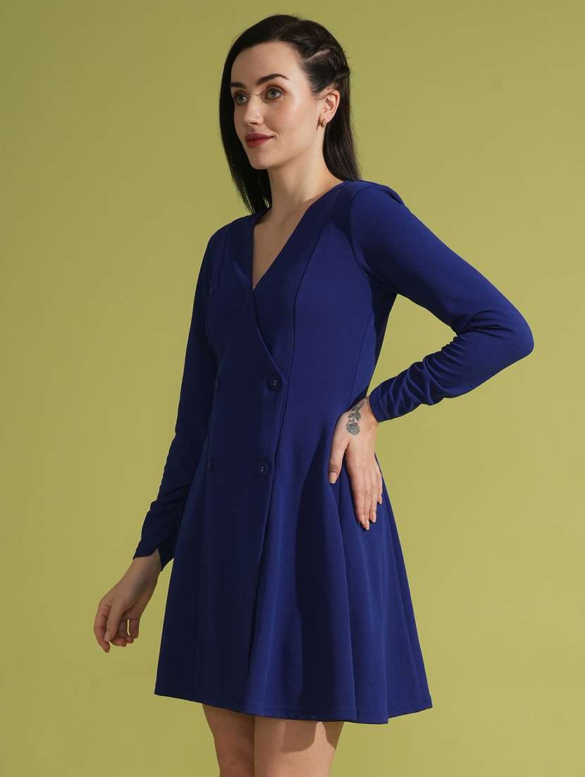 globus women blue ruched sleeves v-neck hong button flared  mini wrap party dress - 21531917 -  Standard Image - 1