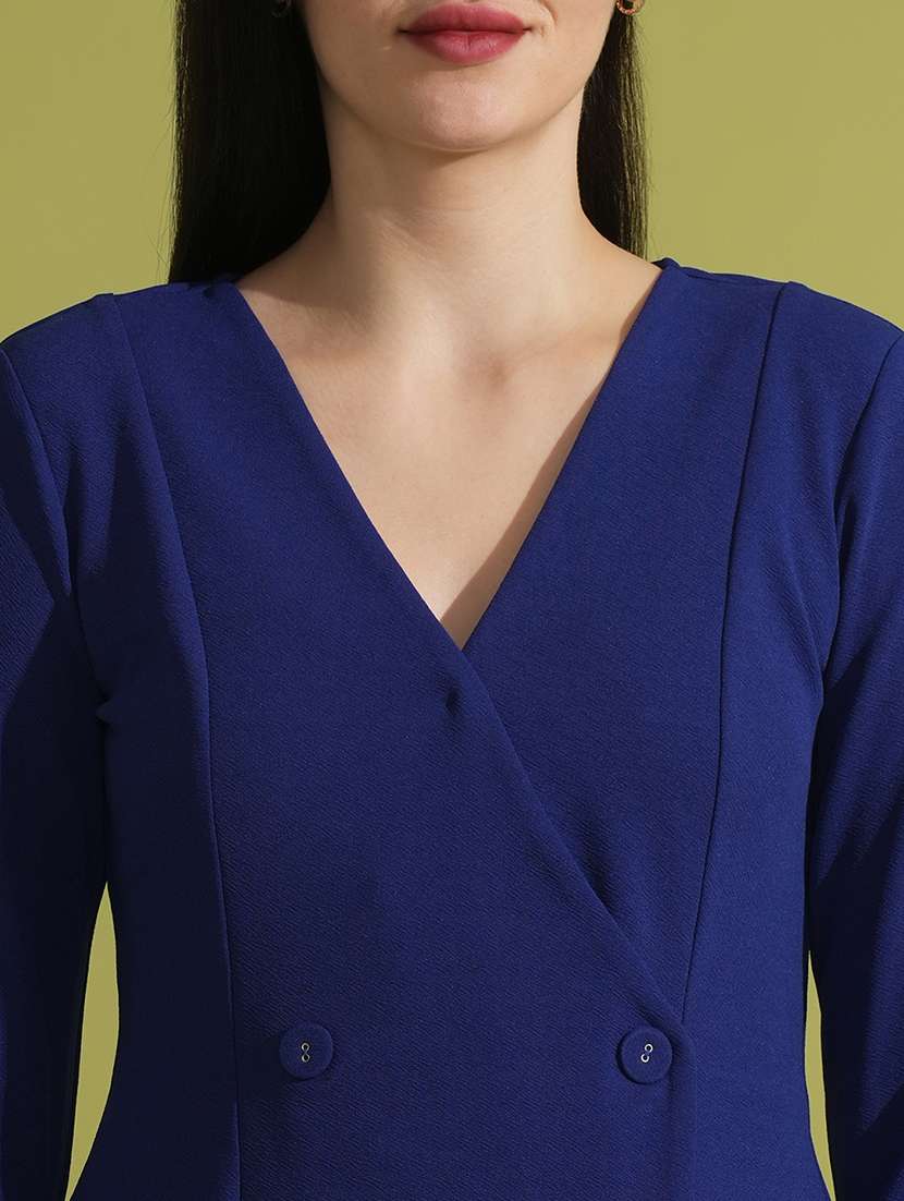 globus women blue ruched sleeves v-neck hong button flared  mini wrap party dress - 21531917 -  Standard Image - 4