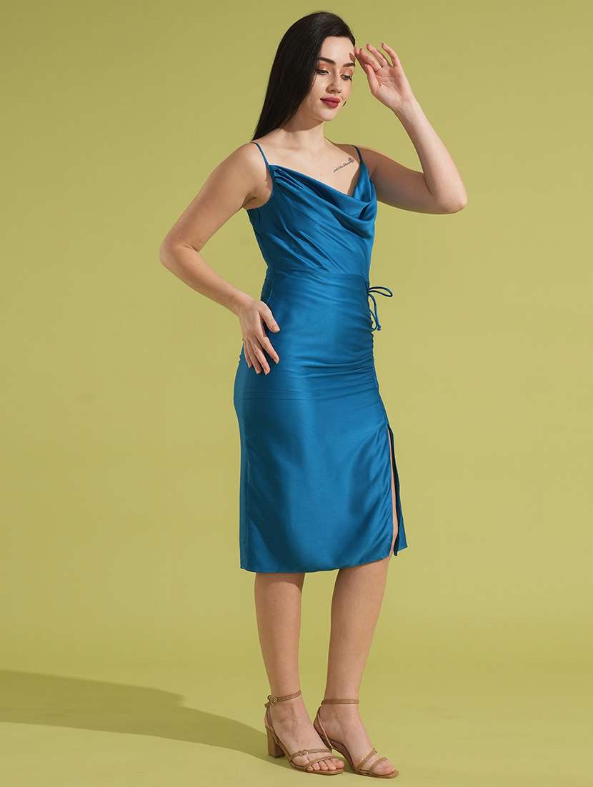 globus women teal cowl neck adjustable strappy shoulder ruched sheath midi party dress