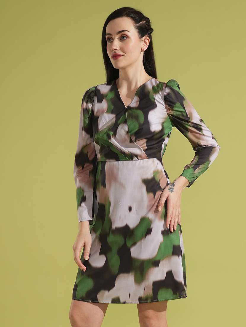 globus women green abstract print puff sleeves wrap v-neck sheath party dress