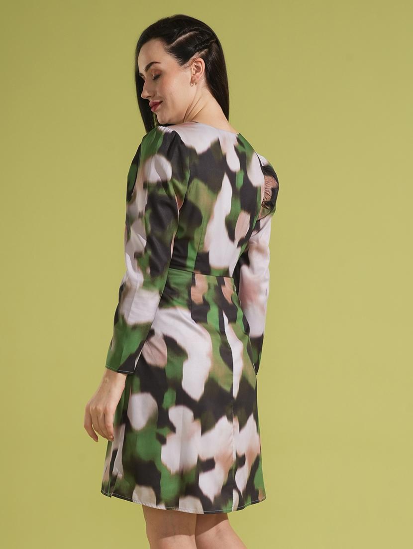 globus women green abstract print puff sleeves wrap v-neck sheath party dress - 21531920 - Standard Image - 1