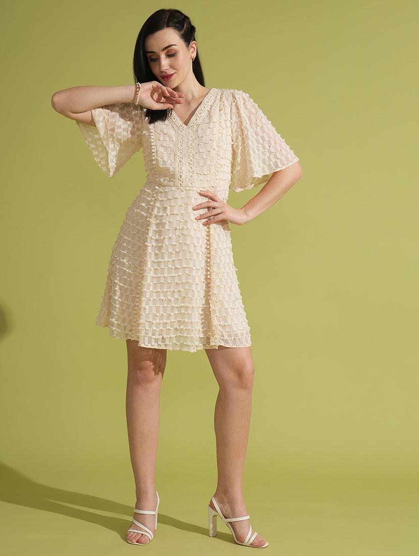 globus women white self design flutter sleeves lace insert a-line mini party dress - 21531923 -  Zoom Image - 0