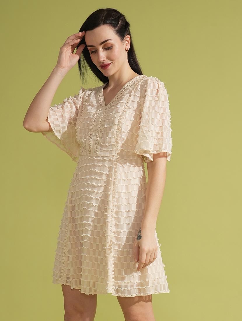 globus women white self design flutter sleeves lace insert a-line mini party dress - 21531923 -  Standard Image - 1