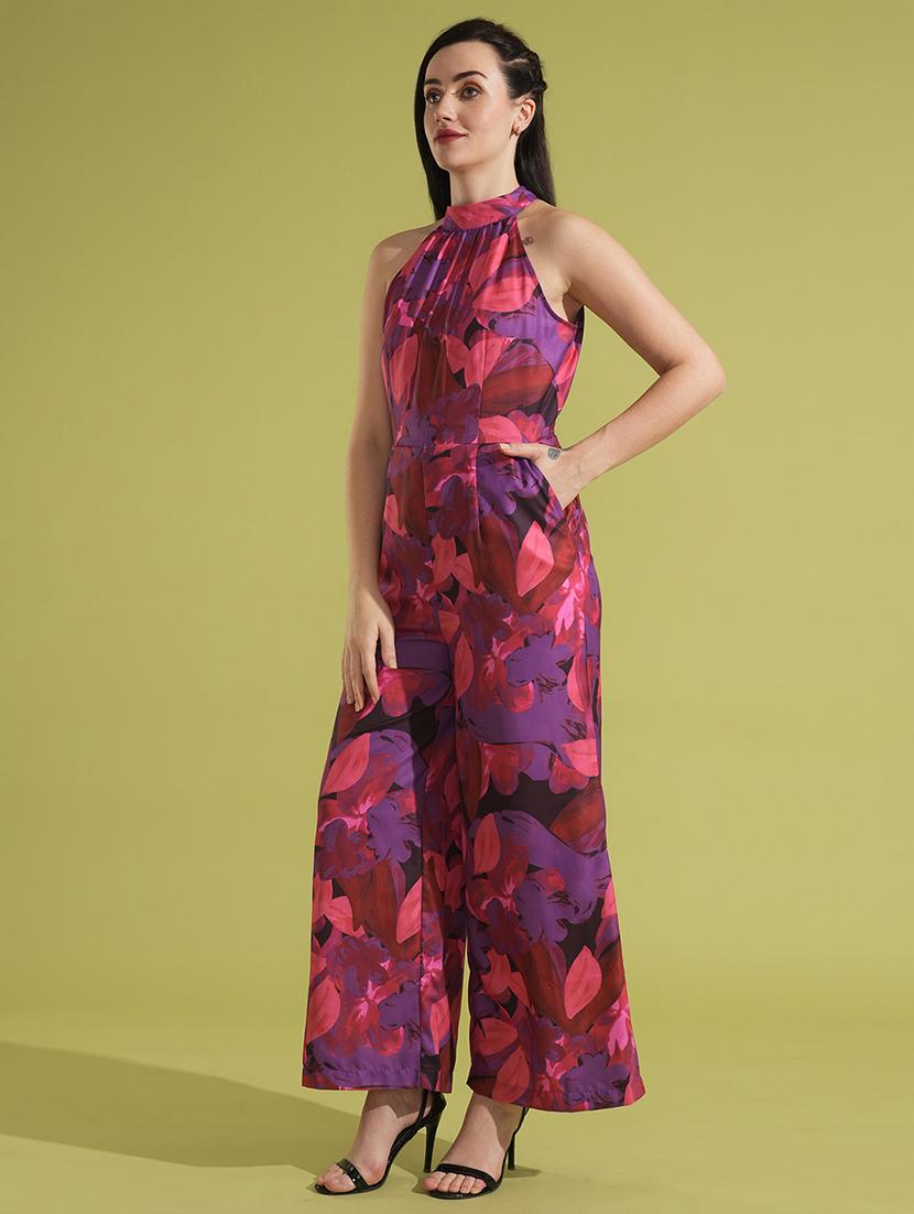 globus women multi floral printed tie-up halter neck party jumpsuit - 21531924 -  Standard Image - 1