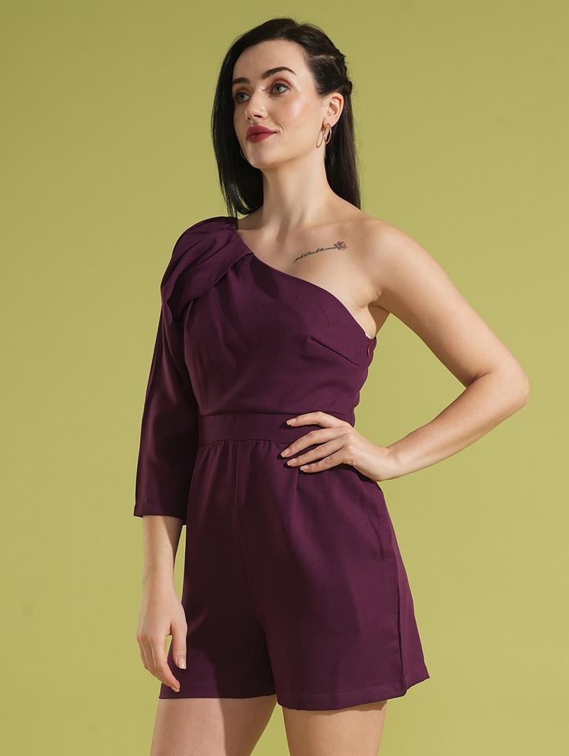 globus women burgundy solid one shoulder pleated sleeve party playsuit - 21531927 - Standard Image - 1