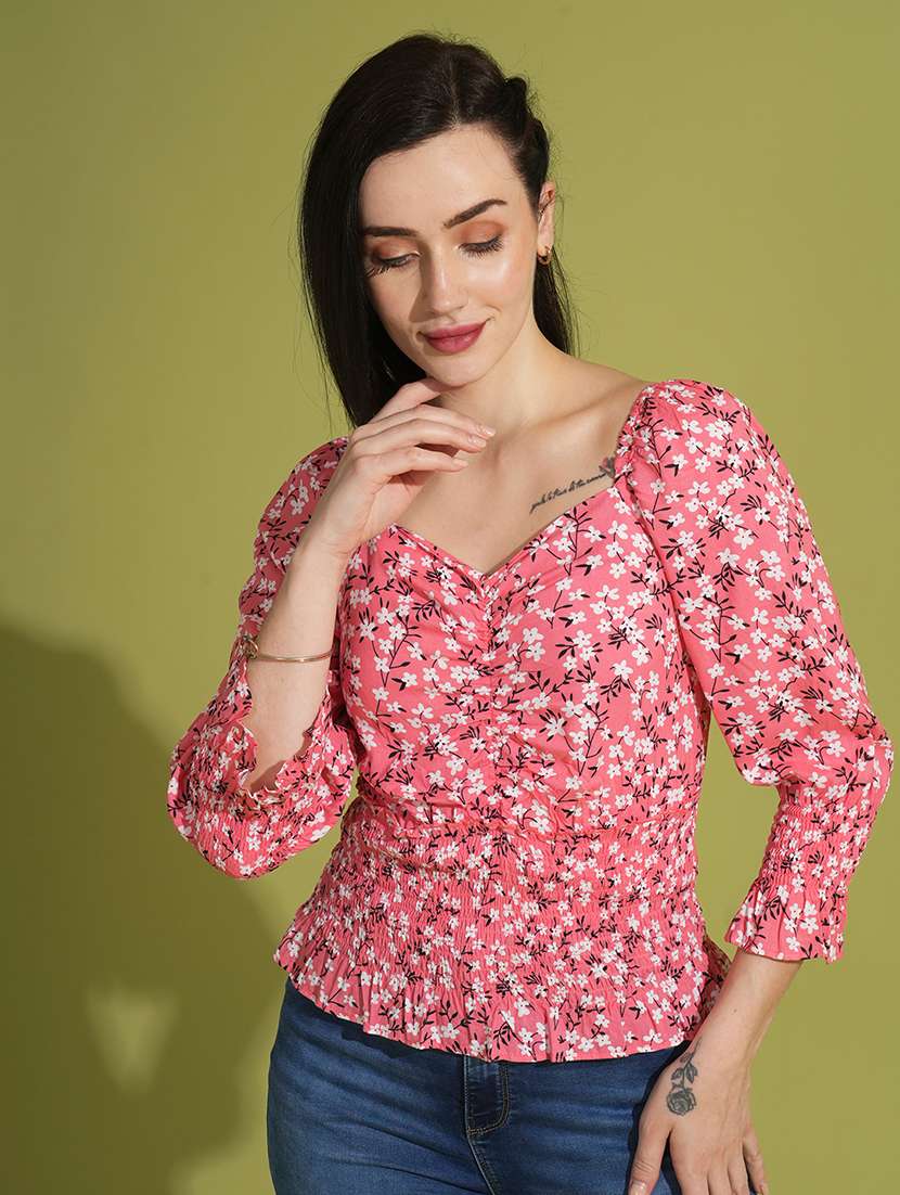 globus women coral floral printed sweetheart neck raglan sleeves cinched waist workwear top