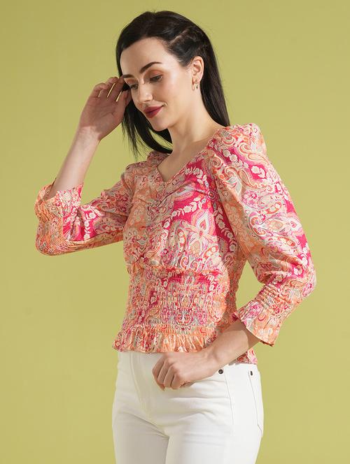 globus women pink paisley & floral printed sweetheart neck raglan sleeves cinched waist workwear top - 21531929 - Standard Image - 0
