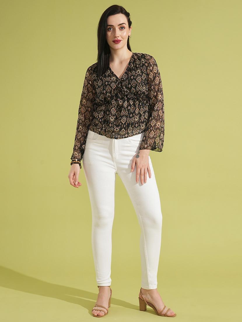 globus women black tribal print v-neck bell sleeves gathered semi sheer workwear top - 21531930 - Standard Image - 4