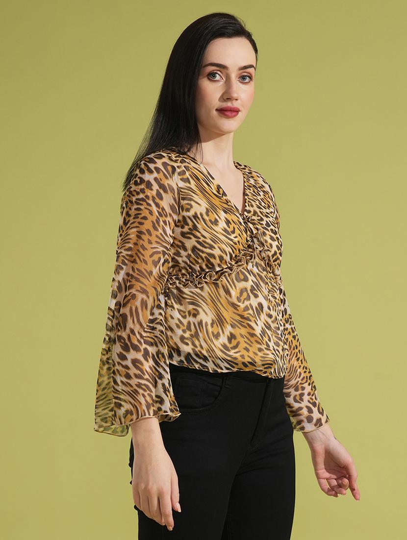 globus women multi animal print v-neck bell sleeves gathered semi sheer workwear top - 21531931 -  Standard Image - 1