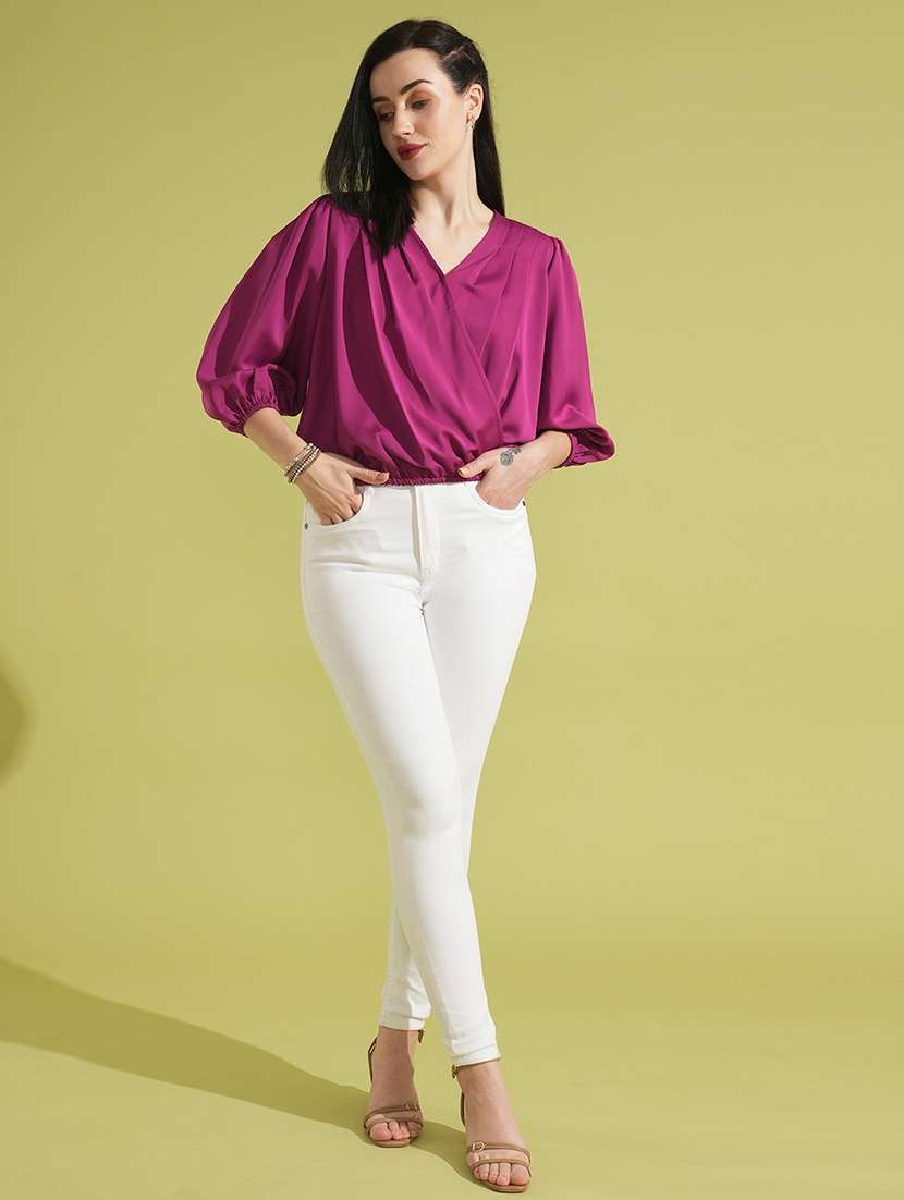 globus women magenta v-neck puff sleeves pleated detail workwear wrap top