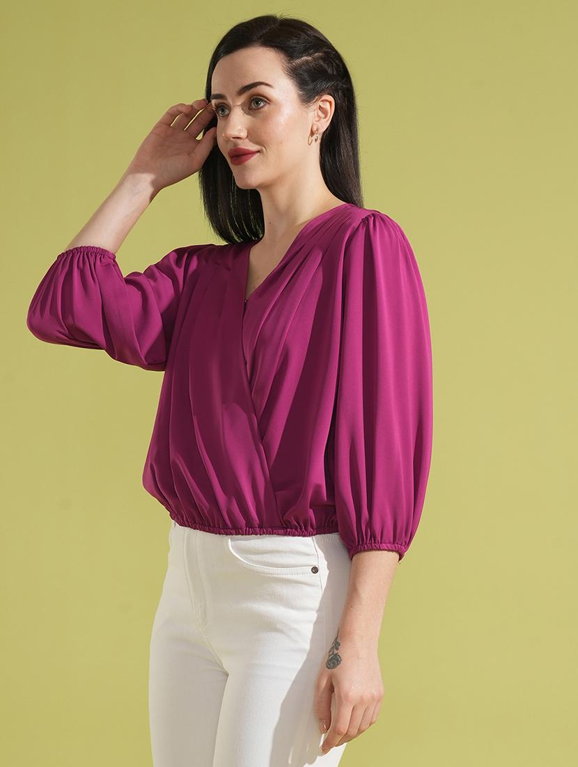 globus women magenta v-neck puff sleeves pleated detail workwear wrap top - 21531932 -  Standard Image - 1