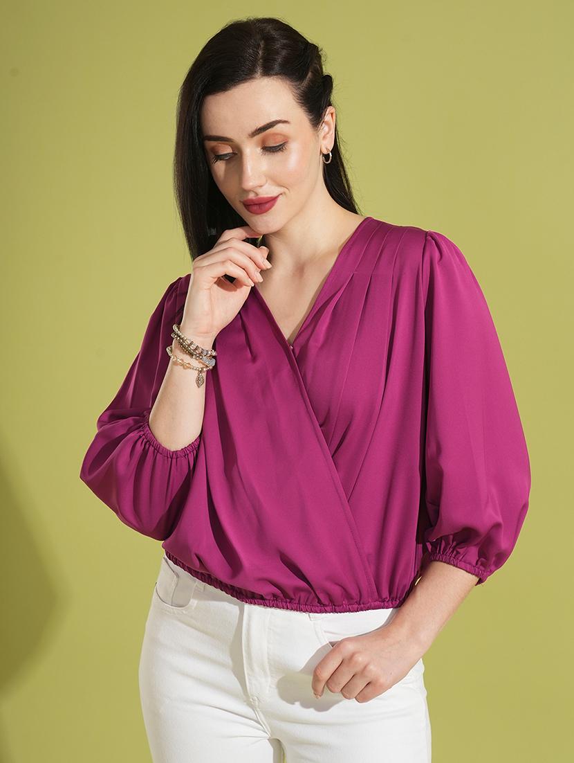 globus women magenta v-neck puff sleeves pleated detail workwear wrap top - 21531932 - Standard Image - 4