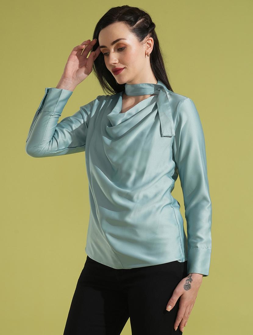 globus women green cowl neck long cuffed sleeves stain party top - 21531933 -  Standard Image - 1