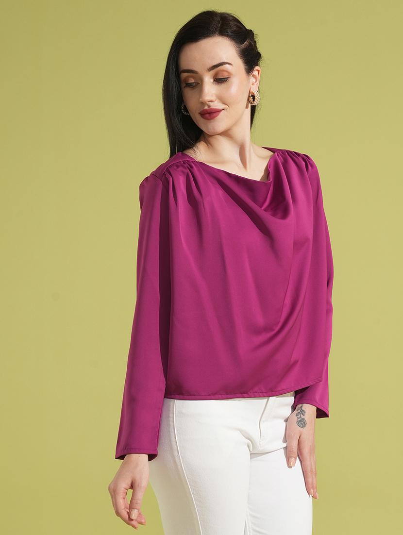 globus women magenta solid cowl neck long sleeves gathered detail party top - 21531934 - Standard Image - 1