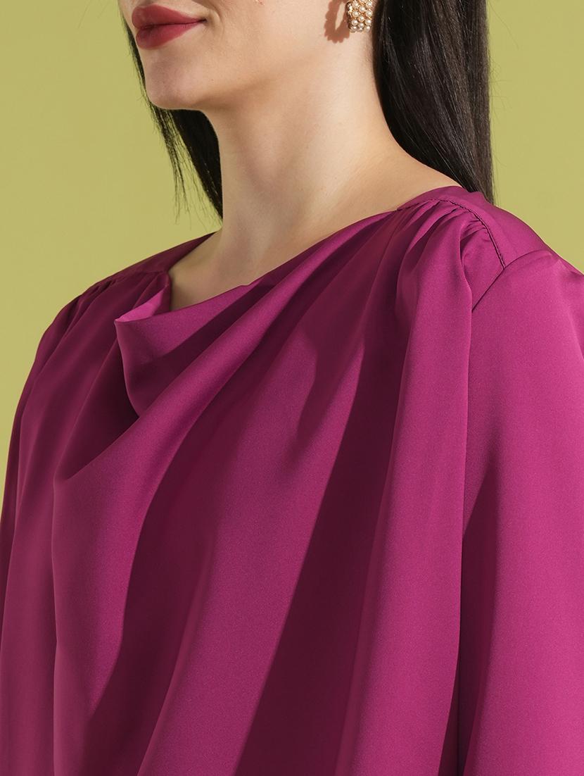 globus women magenta solid cowl neck long sleeves gathered detail party top - 21531934 - Standard Image - 4