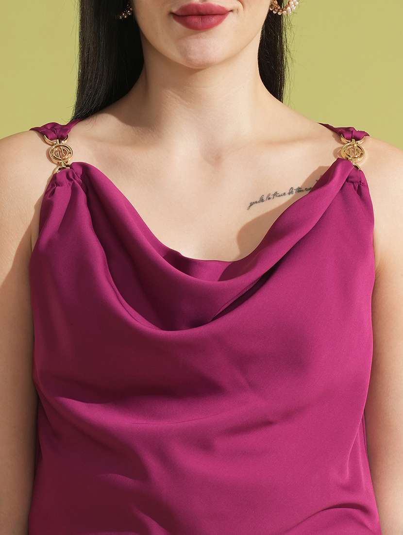 globus women burgundy cowl neck crop party top with metal buckle strap - 21531935 -  Standard Image - 4