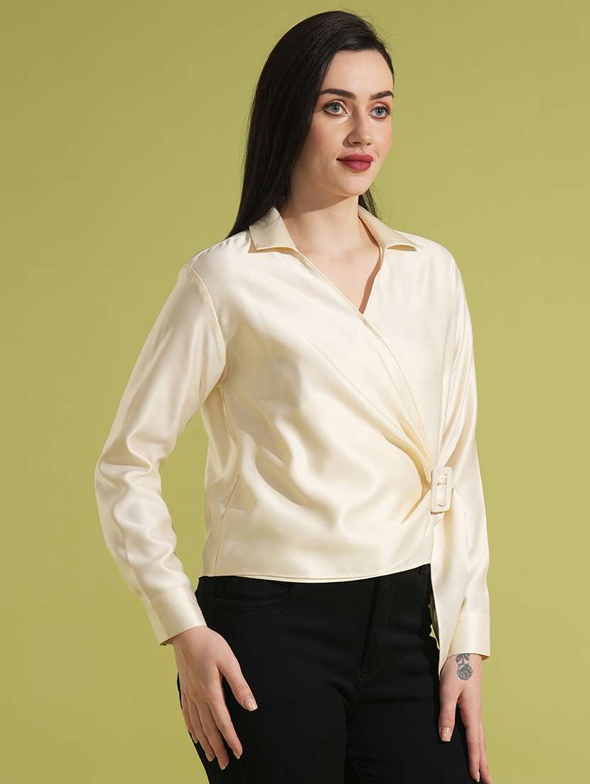 globus women white solid shirt collar cuffed sleeves twisted buckle detail shirt style party top - 21531937 -  Standard Image - 1