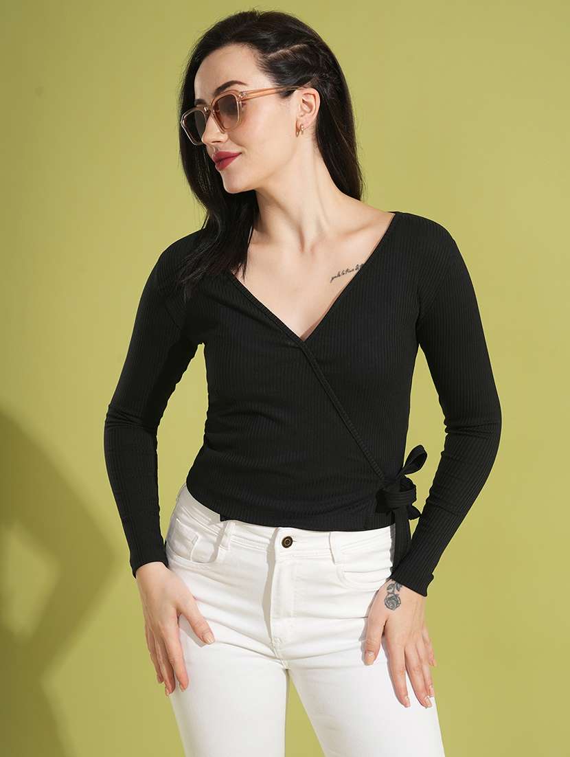 globus women black self design rib v-neck long sleeves tie-up wrap top