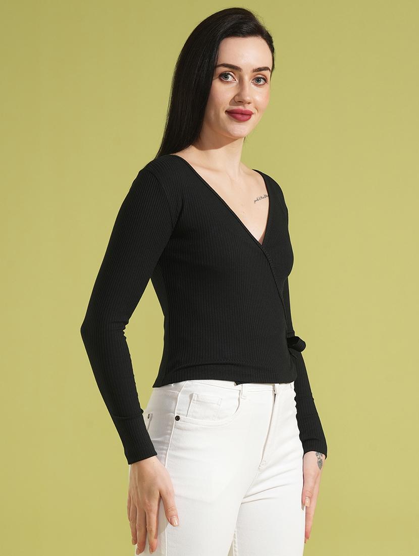 globus women black self design rib v-neck long sleeves tie-up wrap top - 21531940 - Standard Image - 1