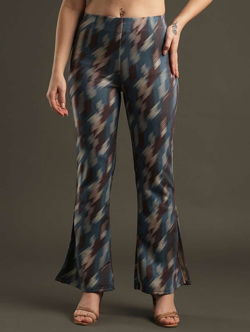 globus women blue hazzy print stretchable mid-rise side slit flared tregging