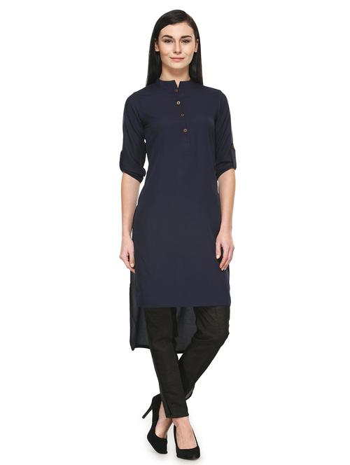 women solid mandarin neck high-low kurta - 21531974 - Standard Image - 0