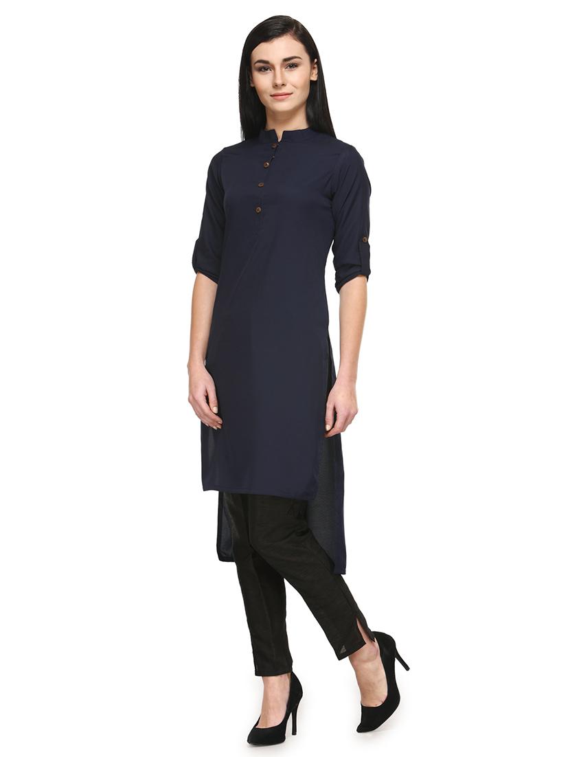 women solid mandarin neck high-low kurta - 21531974 - Standard Image - 1
